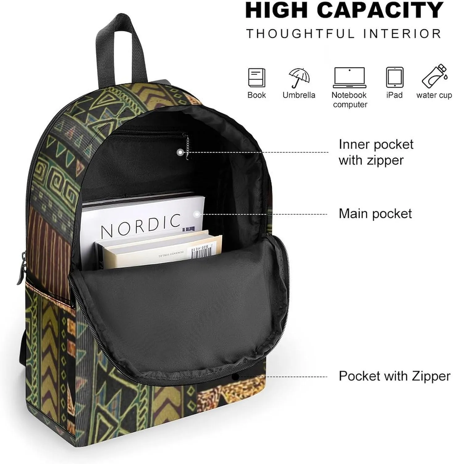 Afrocentric Tribal Motif Pattern Print Durable And Stylish Semi Full Print Backpack