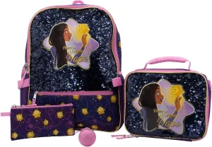 AI ACCESSORY INNOVATIONS Girls' Disney Wish 16” 5-Piece Backpack Set – Includes Detachable Lunch Bag & Pencil Case, Purple, Medium
