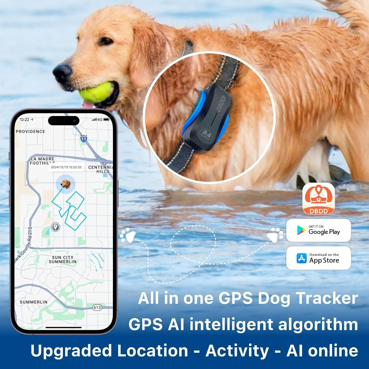 AI GPS Tracker for Dogs (30lbs ), Real Time Location and AI Vet Health Management, Electronic Fence, Waterproof, iOS and Android Universal（Black）
