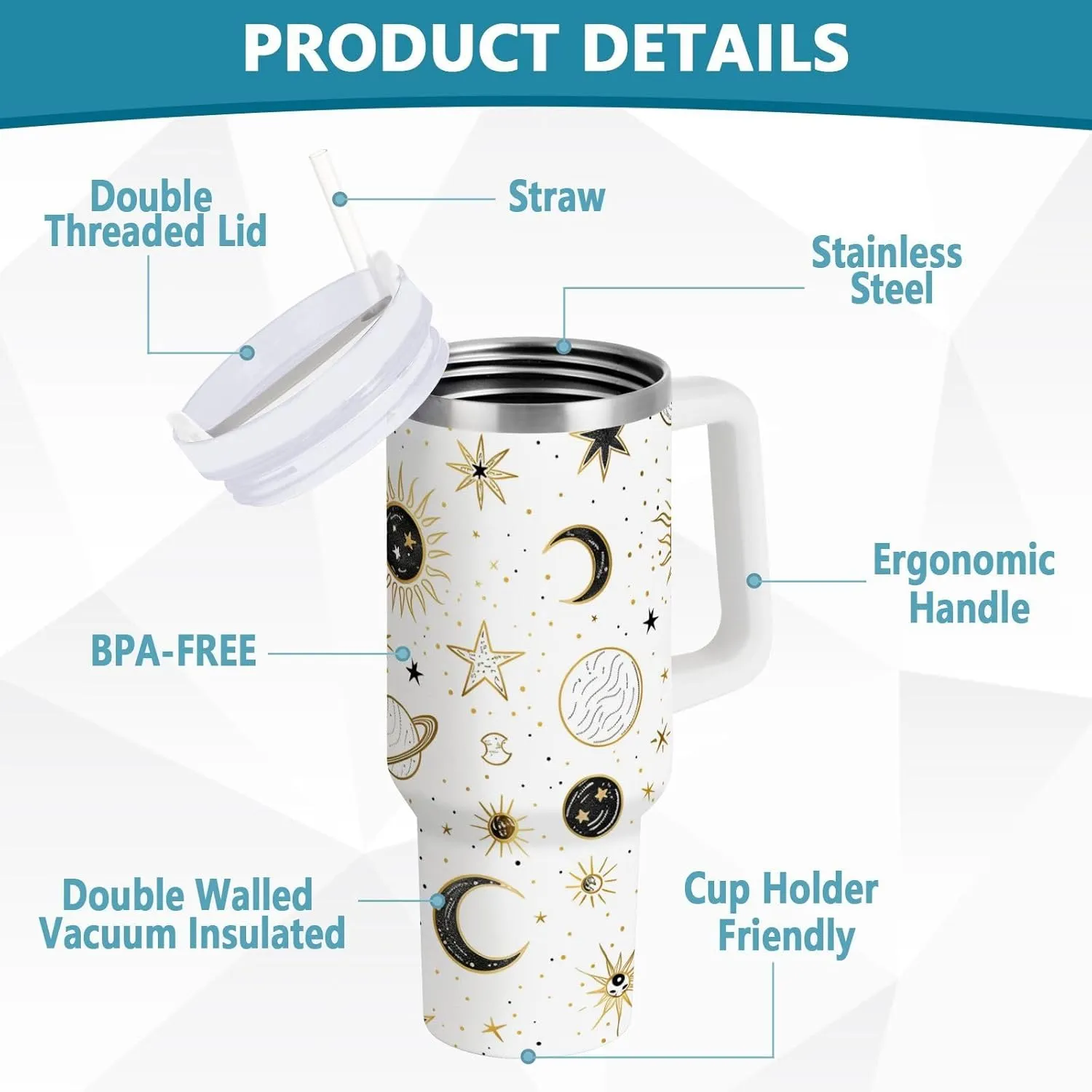 ALAZA Crescent Sun Moon Star 30 oz Tumbler Stainless Steel Water Bottle Vacuum Insulated Cup with Straw Lid & Handle For Travel Car Cup Holder