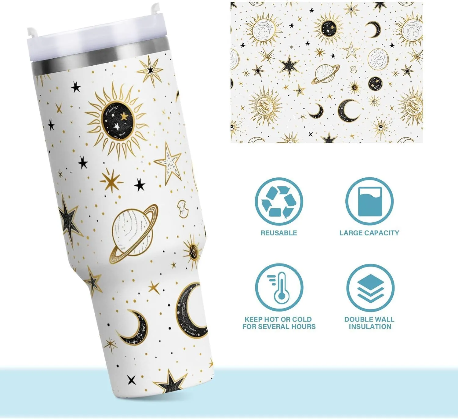 ALAZA Crescent Sun Moon Star 30 oz Tumbler Stainless Steel Water Bottle Vacuum Insulated Cup with Straw Lid & Handle For Travel Car Cup Holder