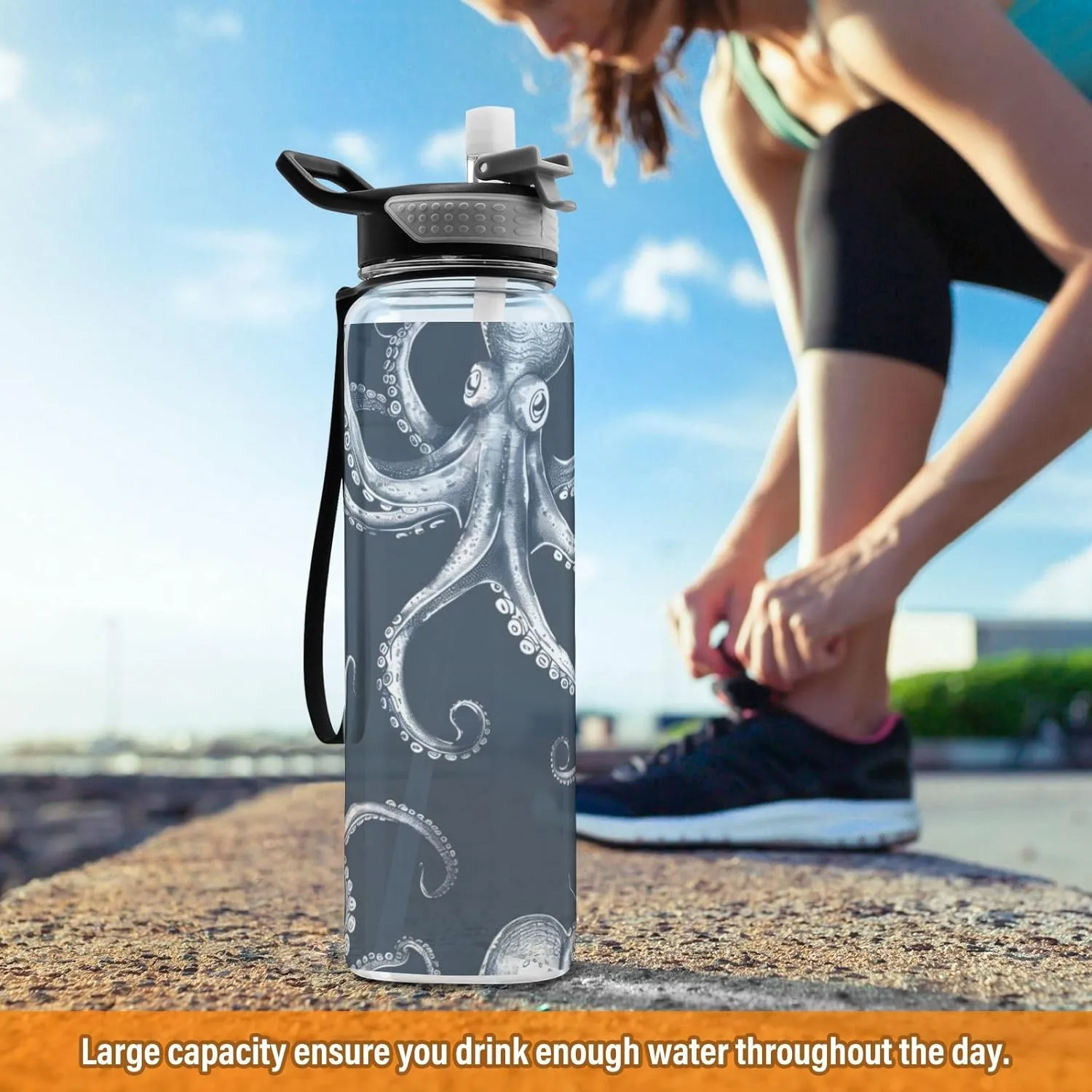 ALAZA Octopus Squid Sea Horse Sport Water Bottle with Straw Lid 32 oz Clear Bottle BPA Free Tritan Plastic Leakproof Jugs Large Flip Top for Kids Boys Girls
