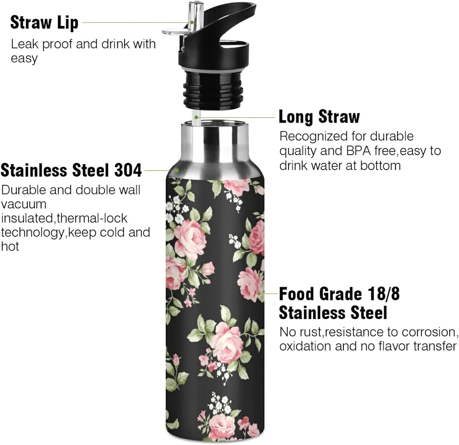 ALAZA Pink Rose Flower Floral Water Bottle with Straw Lid Vacuum Insulated Stainless Steel Thermo Flask Water Bottle 32oz