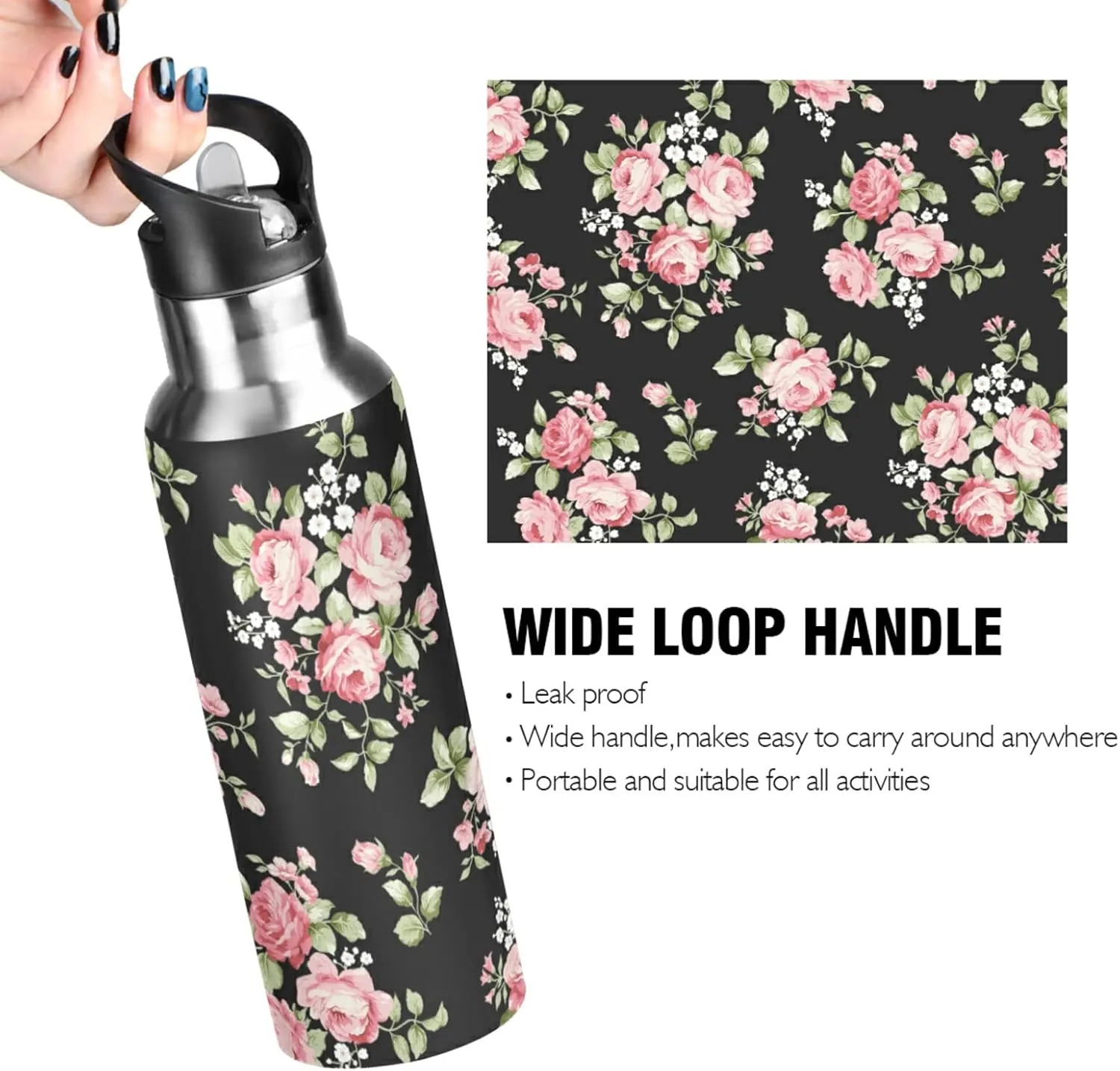 ALAZA Pink Rose Flower Floral Water Bottle with Straw Lid Vacuum Insulated Stainless Steel Thermo Flask Water Bottle 32oz