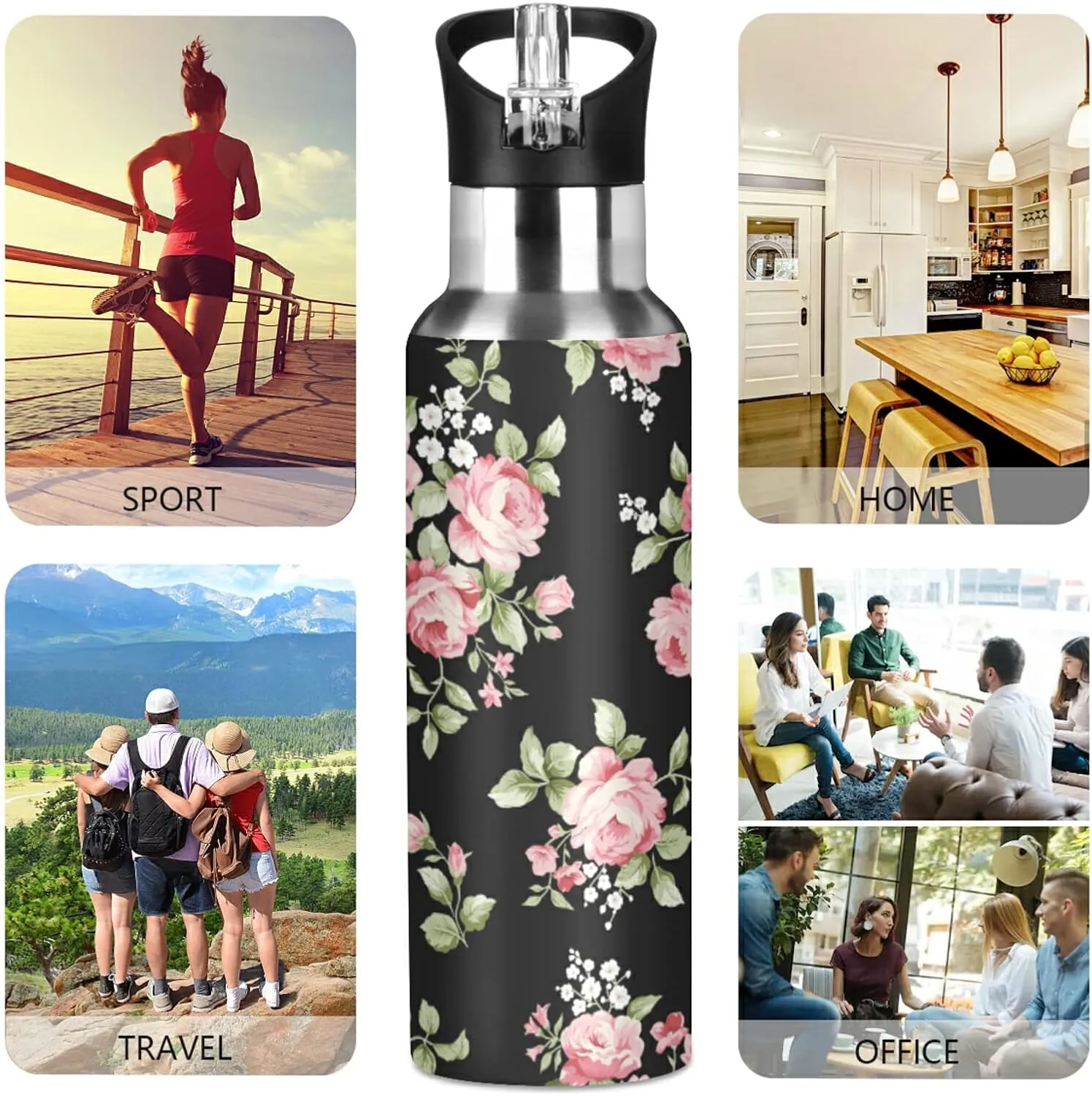 ALAZA Pink Rose Flower Floral Water Bottle with Straw Lid Vacuum Insulated Stainless Steel Thermo Flask Water Bottle 32oz