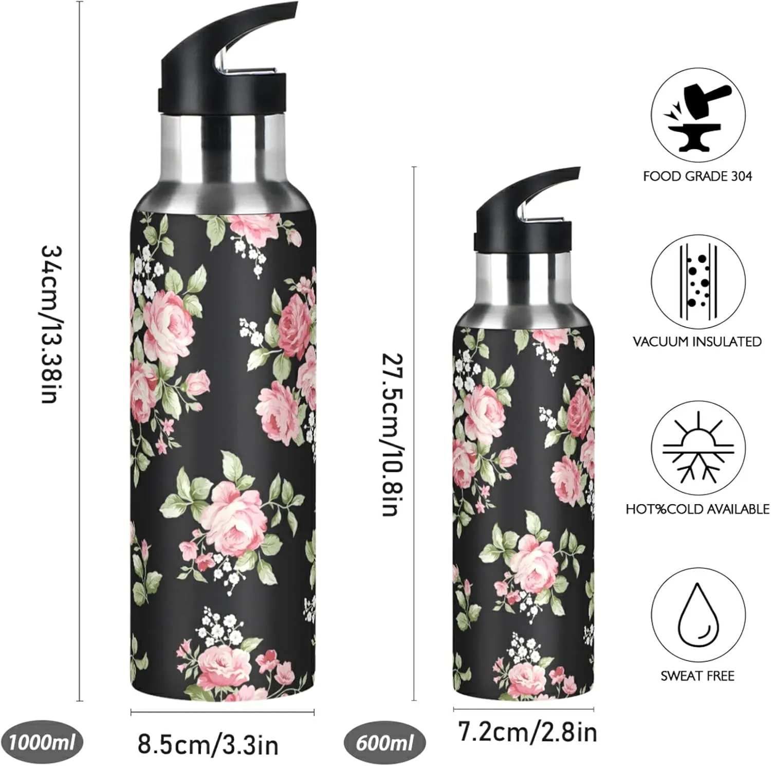 ALAZA Pink Rose Flower Floral Water Bottle with Straw Lid Vacuum Insulated Stainless Steel Thermo Flask Water Bottle 32oz