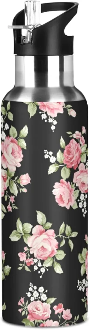 ALAZA Pink Rose Flower Floral Water Bottle with Straw Lid Vacuum Insulated Stainless Steel Thermo Flask Water Bottle 32oz