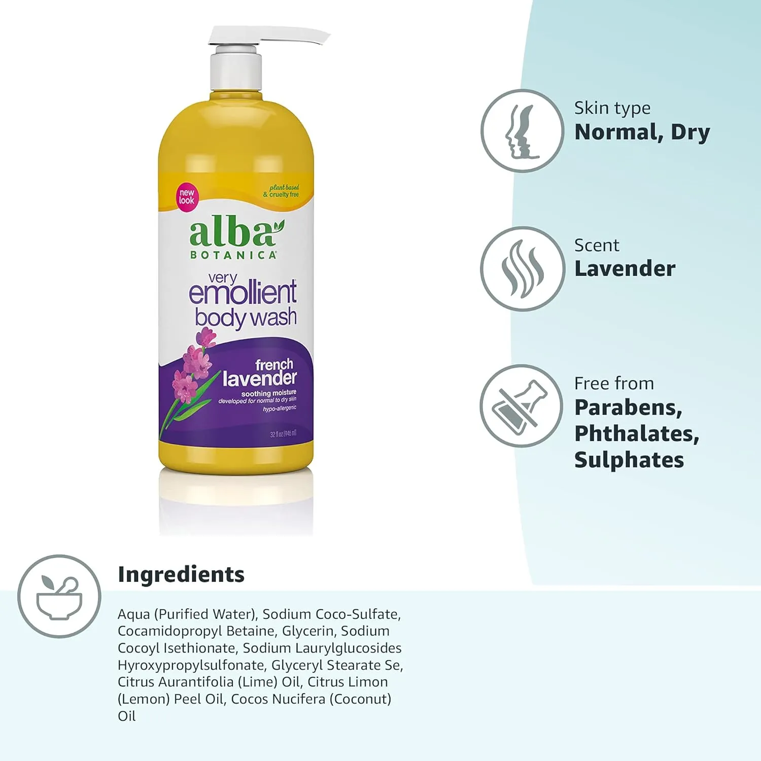 Alba Botanica Very Emollient Body Wash, French Lavender, 32 Oz