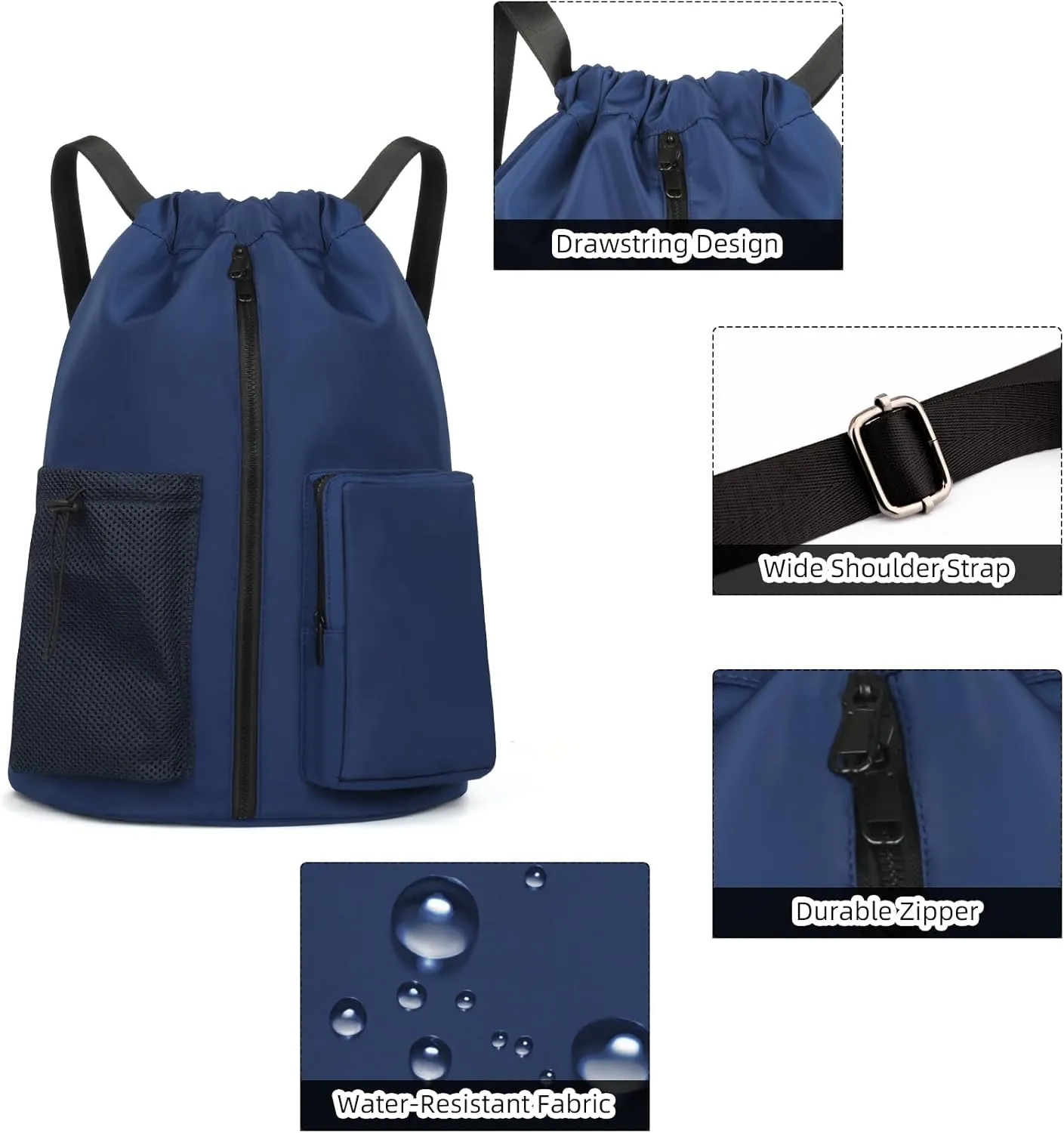 ALUSBELL Sports Drawstring Backpack - Water Resistant String Bag with Front Shoe Compartment Gym Backpack for Women & Men Dark Blue
