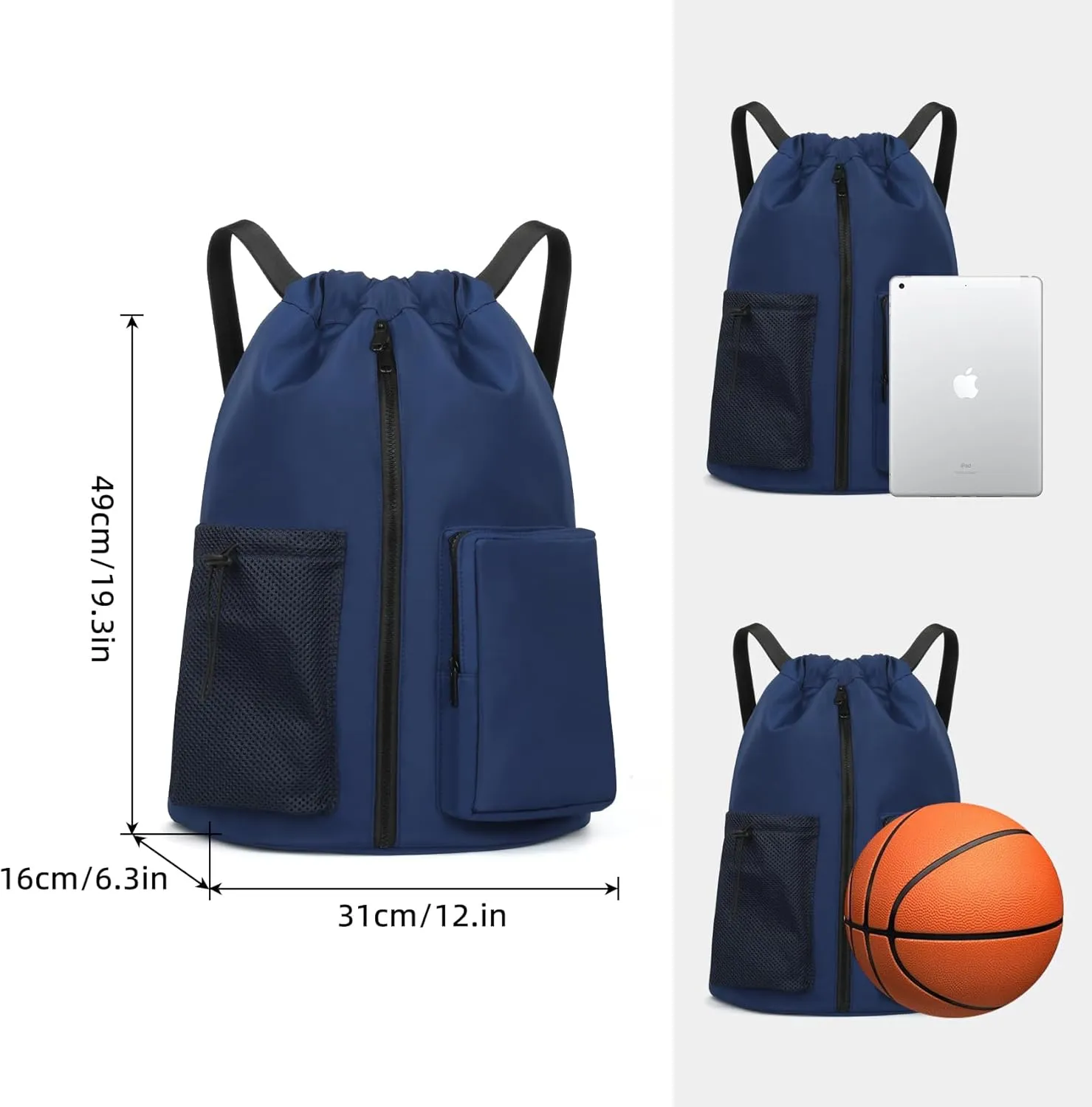 ALUSBELL Sports Drawstring Backpack - Water Resistant String Bag with Front Shoe Compartment Gym Backpack for Women & Men Dark Blue