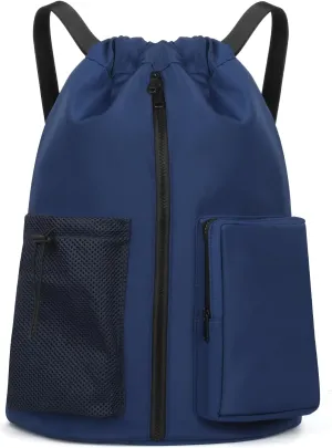 ALUSBELL Sports Drawstring Backpack - Water Resistant String Bag with Front Shoe Compartment Gym Backpack for Women & Men Dark Blue