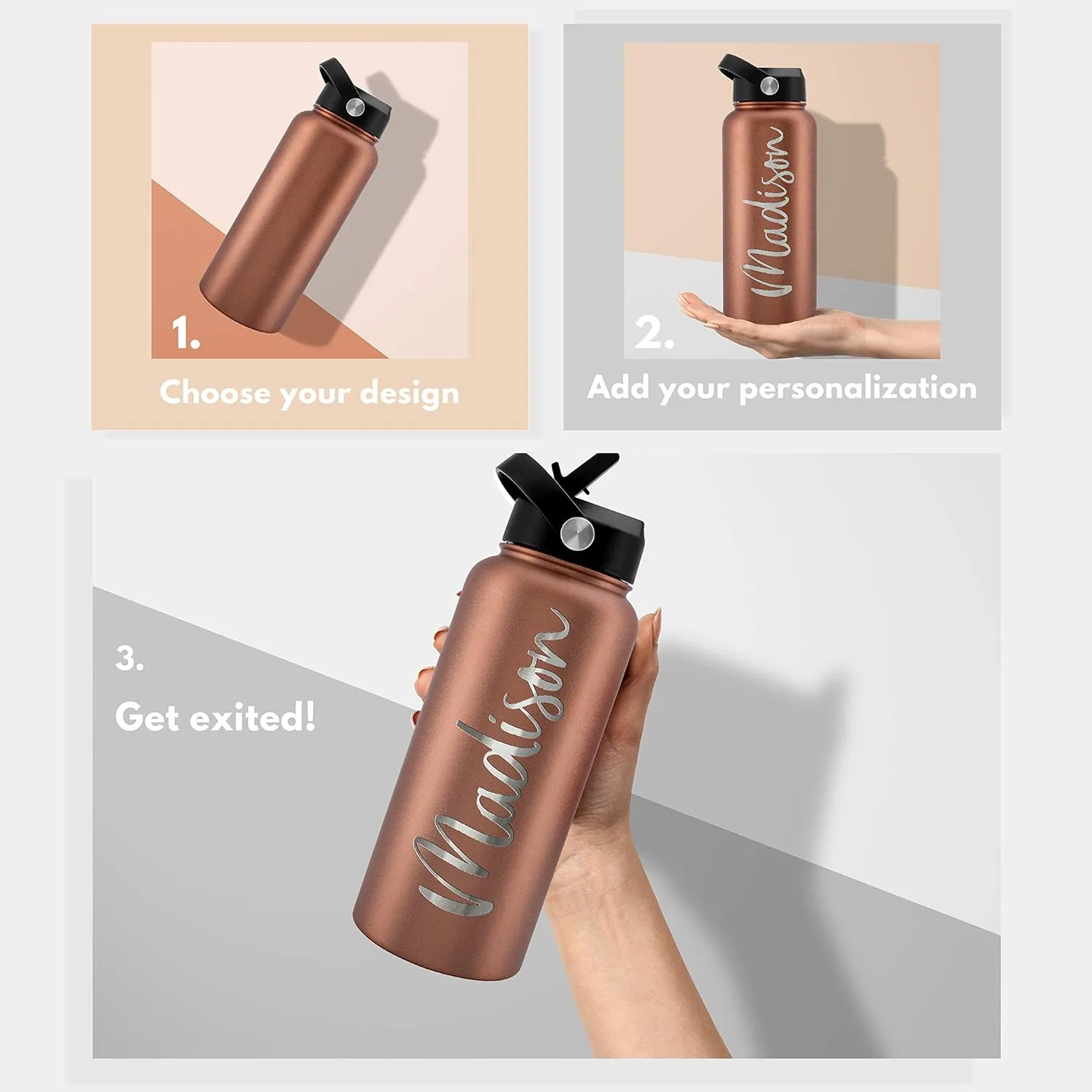 Amazing Items Personalized Water Bottle w/Straw & Lid, 40 oz - Purple | Custom Large Stainless Steel Sports Water Bottle w/Name and Text - Double-Wall, Vacuum Insulated - Rotating Handle