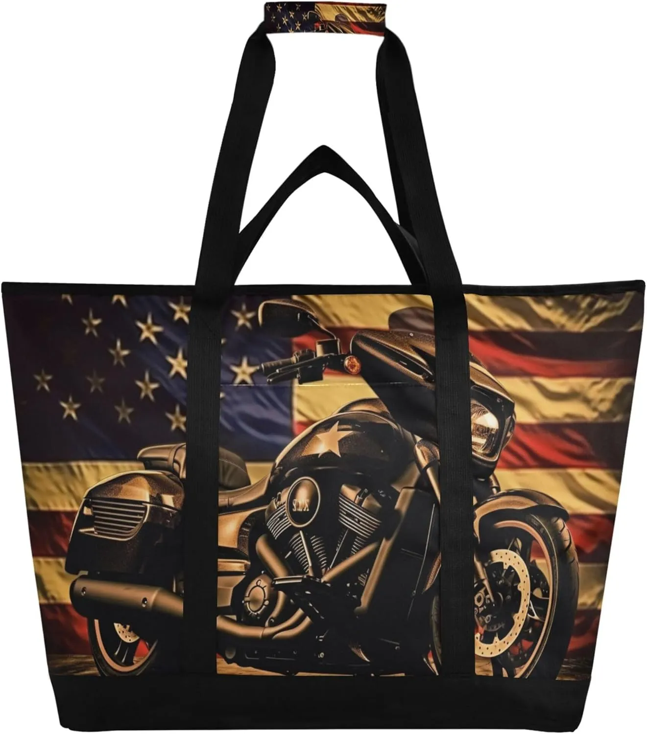 American Flag Motorcycle Reusable Insulated Cooler Bag with Ice Pack Compartment - Large 47L Waterproof Thermal Grocery Tote for Picnic Beach Camping Lunch Storage
