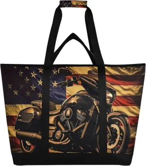 American Flag Motorcycle Reusable Insulated Cooler Bag with Ice Pack Compartment - Large 47L Waterproof Thermal Grocery Tote for Picnic Beach Camping Lunch Storage