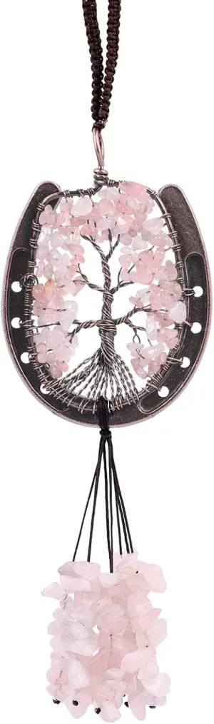Amogeeli Copper Lucky Horseshoe with Rose Quartz Crystal Tree of Life Hanging Decoration for Home Window Car