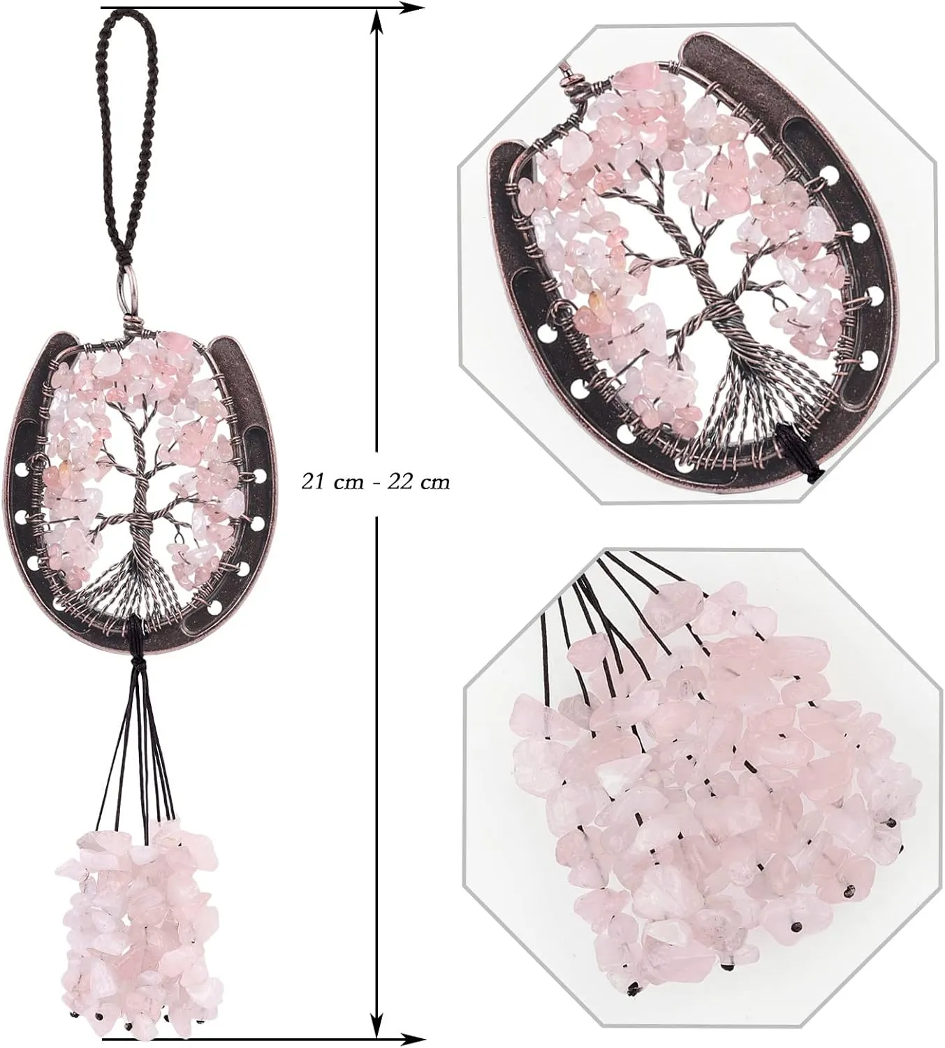 Amogeeli Copper Lucky Horseshoe with Rose Quartz Crystal Tree of Life Hanging Decoration for Home Window Car