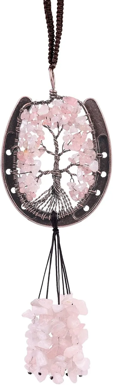 Amogeeli Copper Lucky Horseshoe with Rose Quartz Crystal Tree of Life Hanging Decoration for Home Window Car