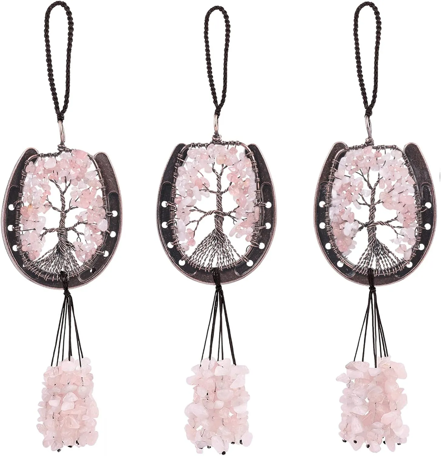 Amogeeli Copper Lucky Horseshoe with Rose Quartz Crystal Tree of Life Hanging Decoration for Home Window Car
