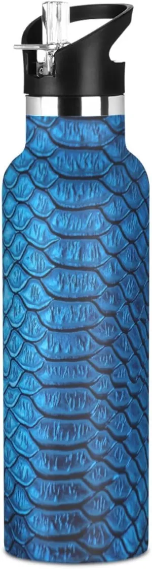 Animal Print Sport Water Bottle Fancy Snakeskin Luxury Blue Fitness Vacuum Drink Cup Office Ice Coffee Mug Camping Beverage Container Hiking Biking Thermos, 20 oz