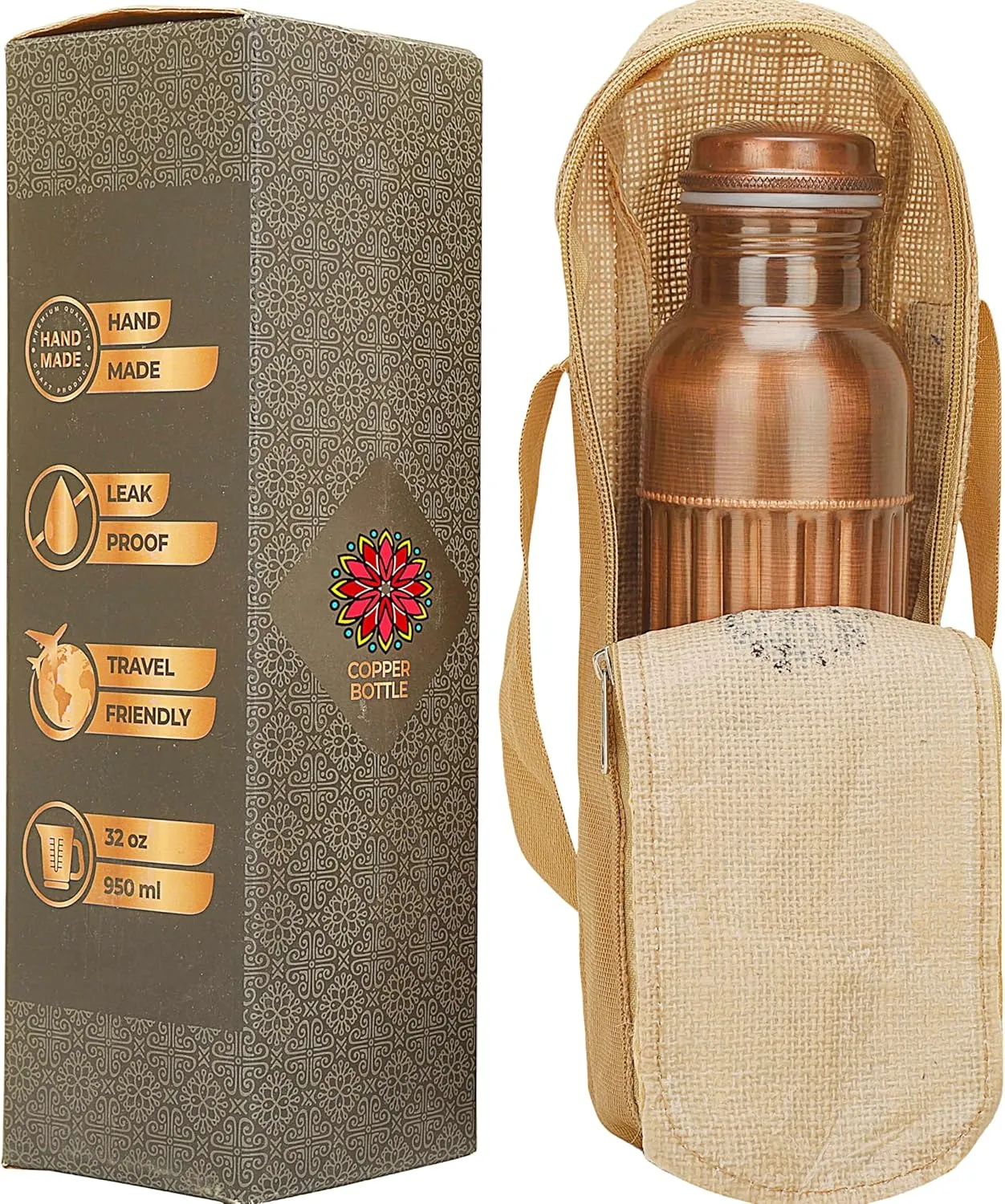 Antique Copper Water Bottle For Drinking 32 Oz Copper Vessel with Canvas Carry Bag, Large Ayurvedic Bottle for Gym,Yoga, Office, Hiking - Pack of 1, (1L/1000 ml)