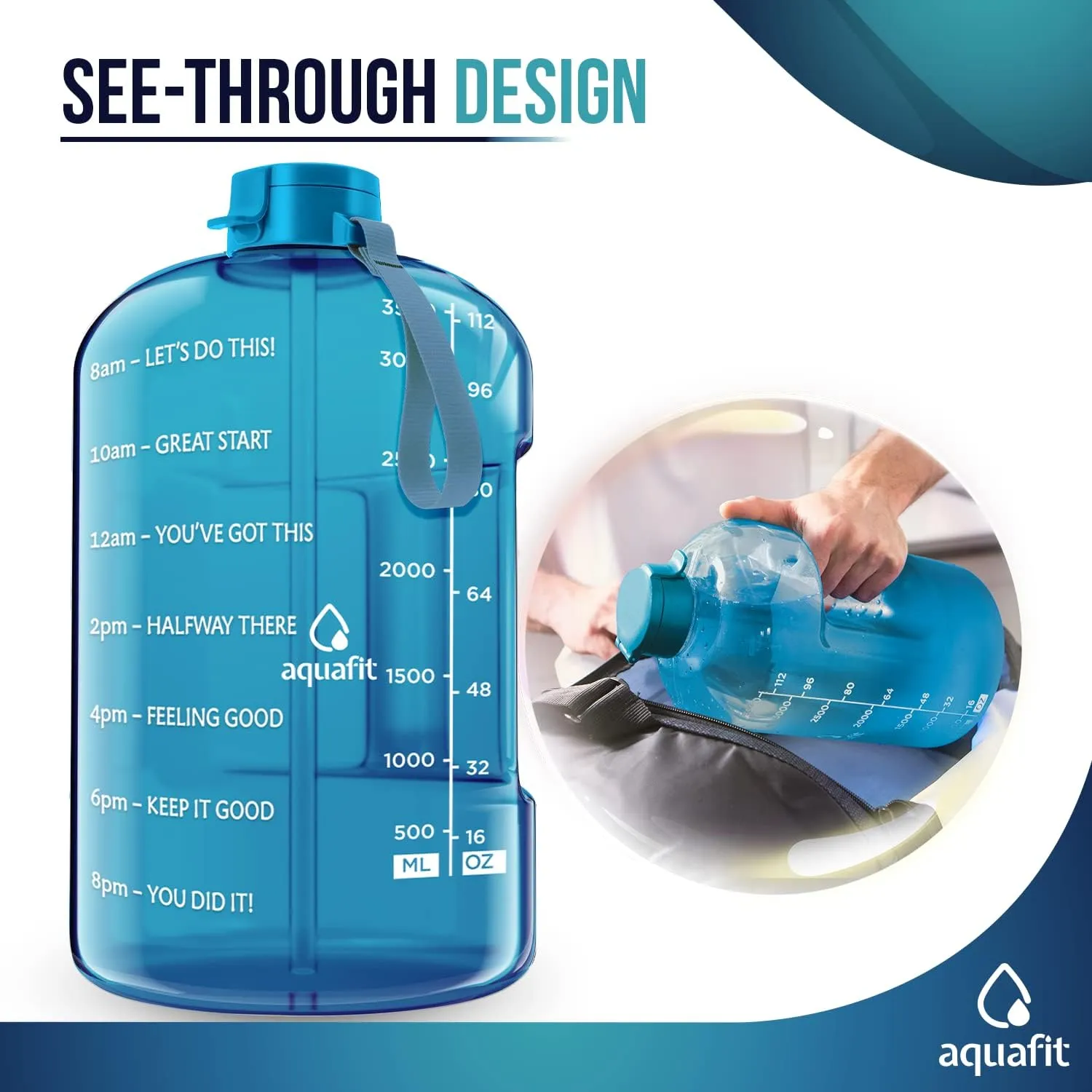 AQUAFIT 1 Gallon Water Bottle With Time Marker - Straw & Chug Lid - BPA Free Big Jug With Handle - Motivational Gym Bottle (128 oz, Aqua)