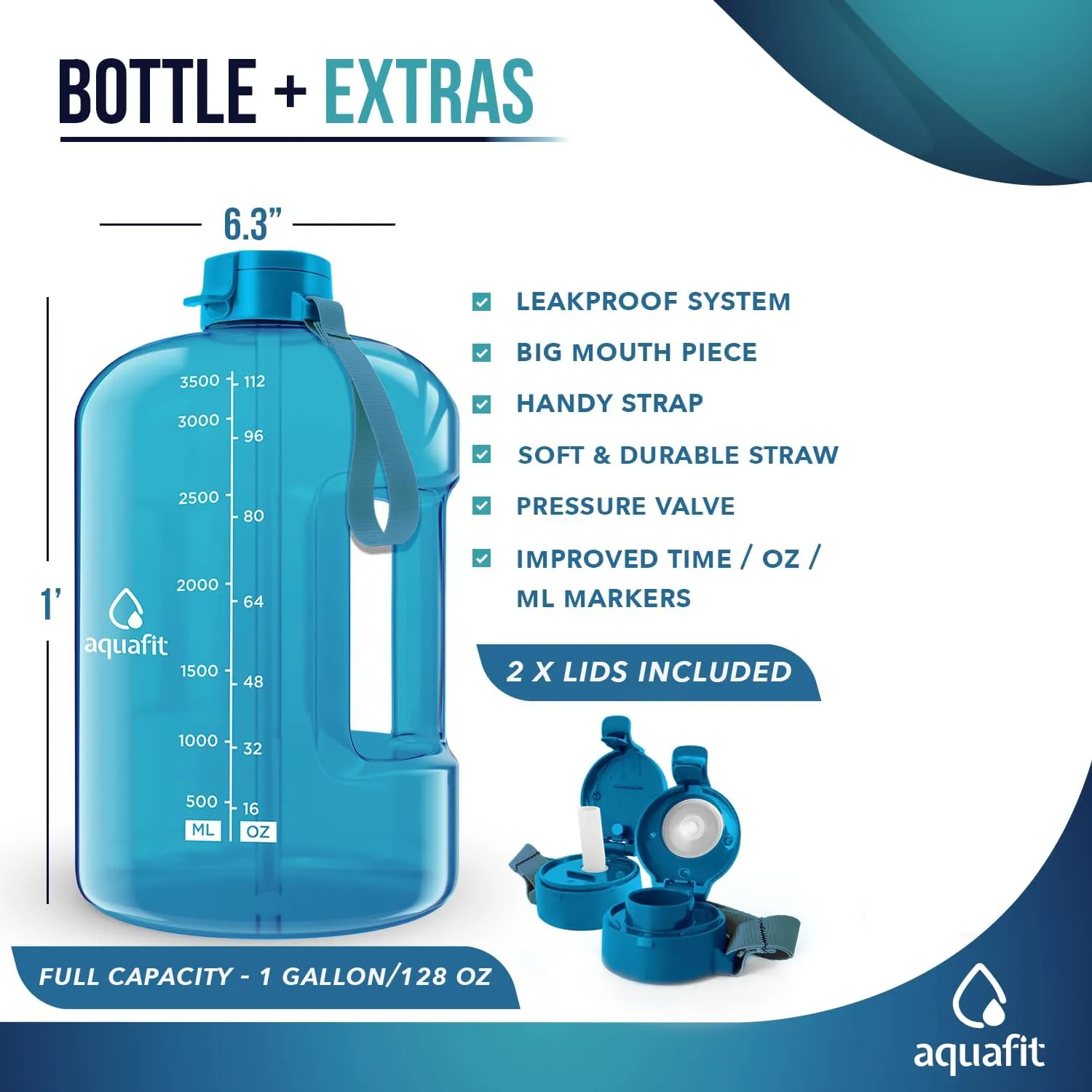 AQUAFIT 1 Gallon Water Bottle With Time Marker - Straw & Chug Lid - BPA Free Big Jug With Handle - Motivational Gym Bottle (128 oz, Aqua)