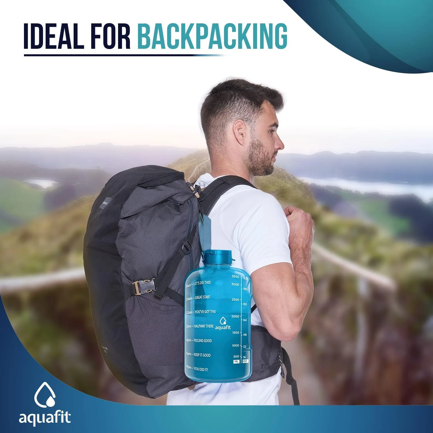 AQUAFIT 1 Gallon Water Bottle With Time Marker - Straw & Chug Lid - BPA Free Big Jug With Handle - Motivational Gym Bottle (128 oz, Aqua)