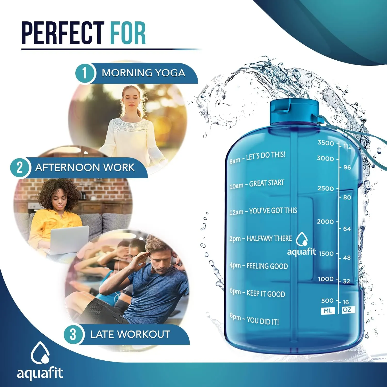 AQUAFIT 1 Gallon Water Bottle With Time Marker - Straw & Chug Lid - BPA Free Big Jug With Handle - Motivational Gym Bottle (128 oz, Aqua)