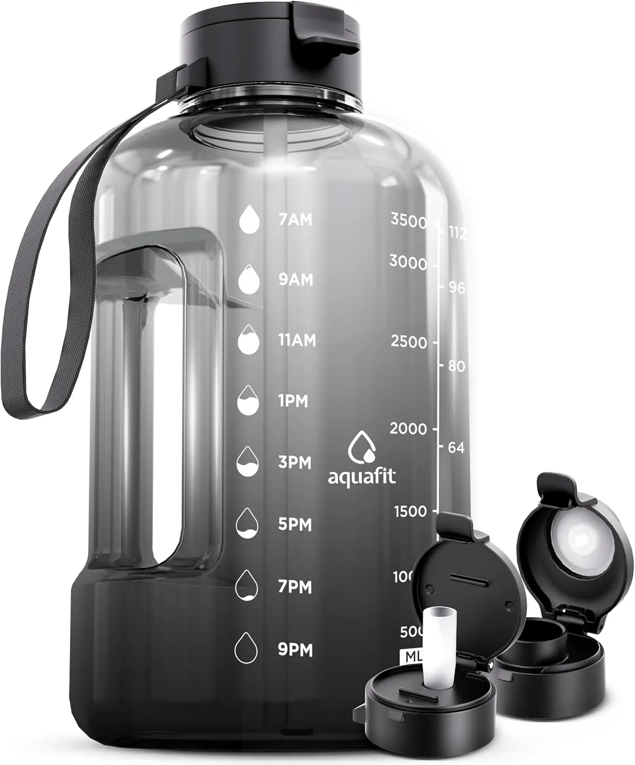 AQUAFIT 1 Gallon Water Bottle With Times To Drink - 128 oz Straw Motivational Large Sports Time Marker Gym Jug Gallon , Black