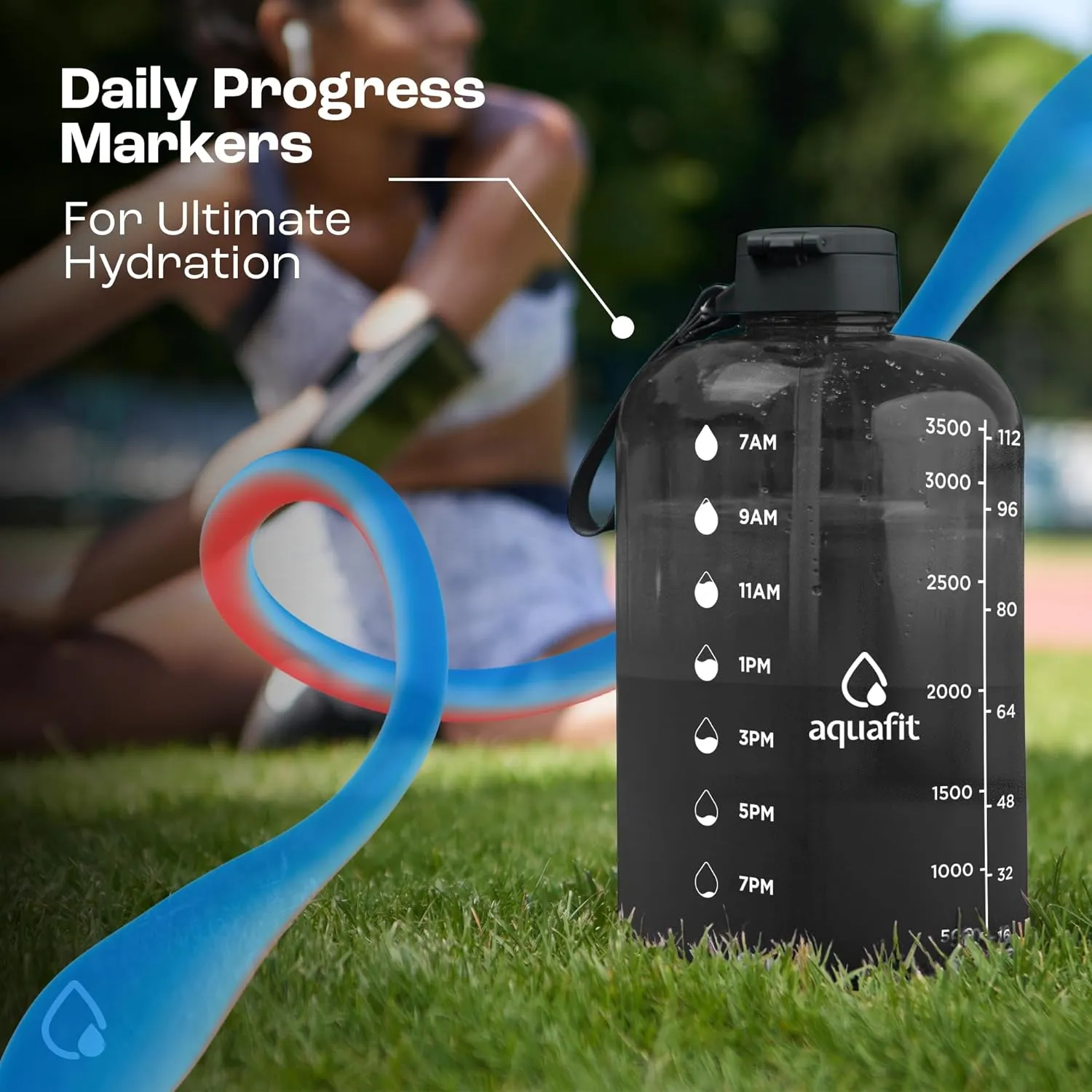 AQUAFIT 1 Gallon Water Bottle With Times To Drink - 128 oz Straw Motivational Large Sports Time Marker Gym Jug Gallon , Black