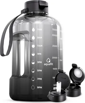 AQUAFIT 1 Gallon Water Bottle With Times To Drink - 128 oz Straw Motivational Large Sports Time Marker Gym Jug Gallon , Black