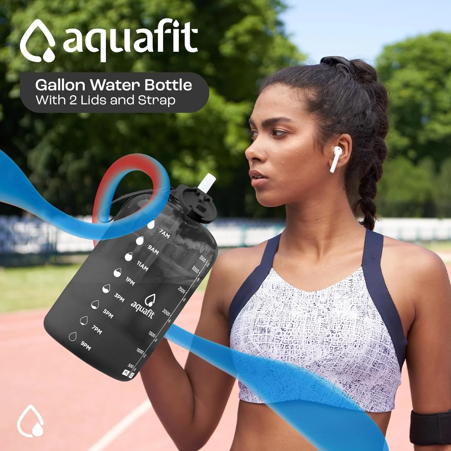 AQUAFIT 1 Gallon Water Bottle With Times To Drink - 128 oz Straw Motivational Large Sports Time Marker Gym Jug Gallon , Black