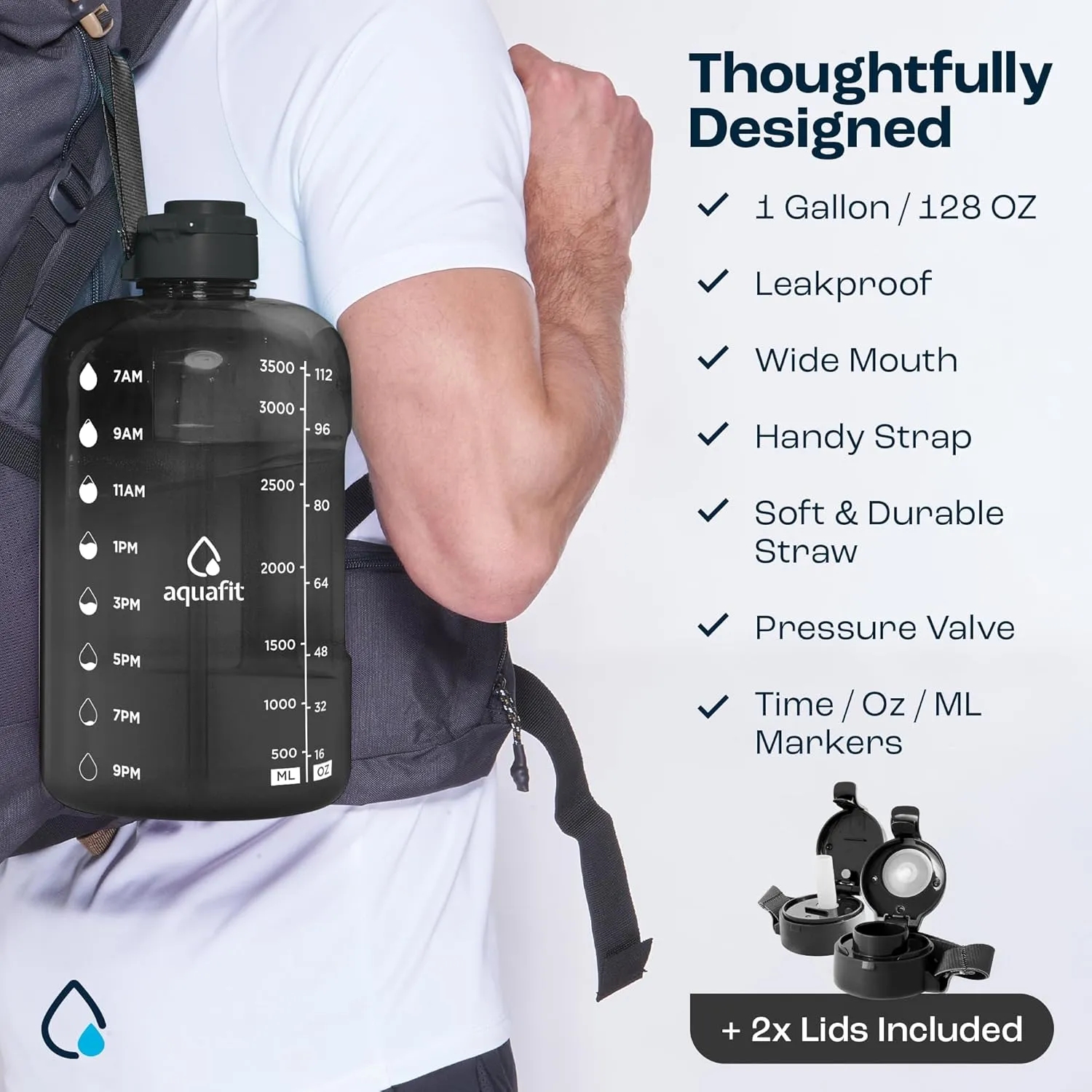 AQUAFIT 1 Gallon Water Bottle With Times To Drink - 128 oz Straw Motivational Large Sports Time Marker Gym Jug Gallon , Black