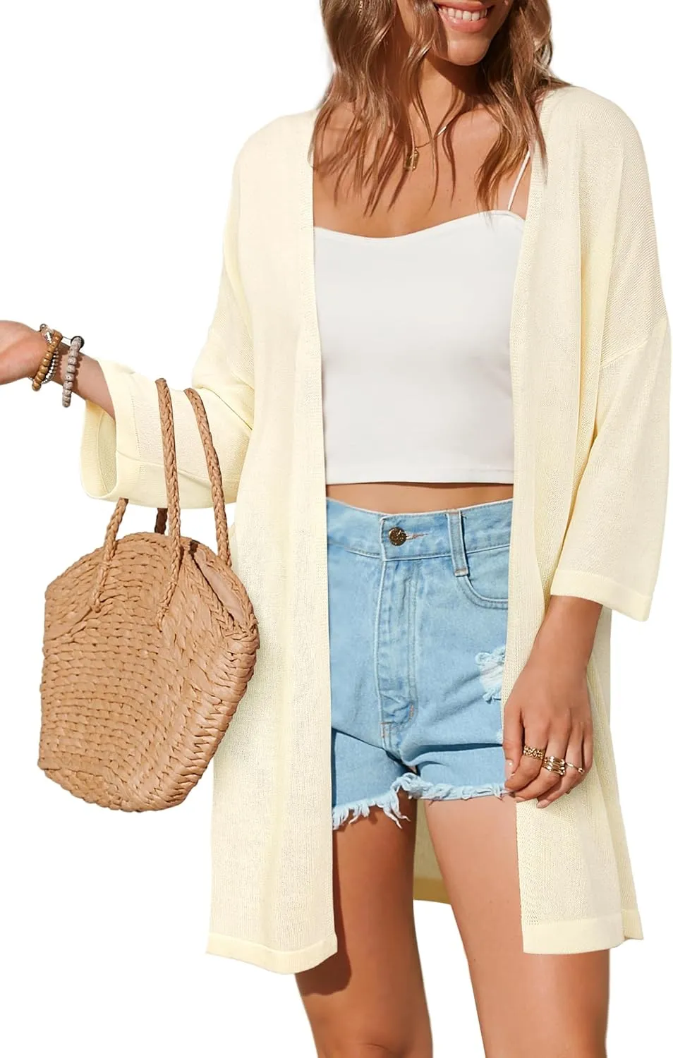Arach&Cloz Women's 2025 Summer 3/4 Short Sleeve Open Front Lightweight Outfit Cardigan Casual Kimono Beach Sweater