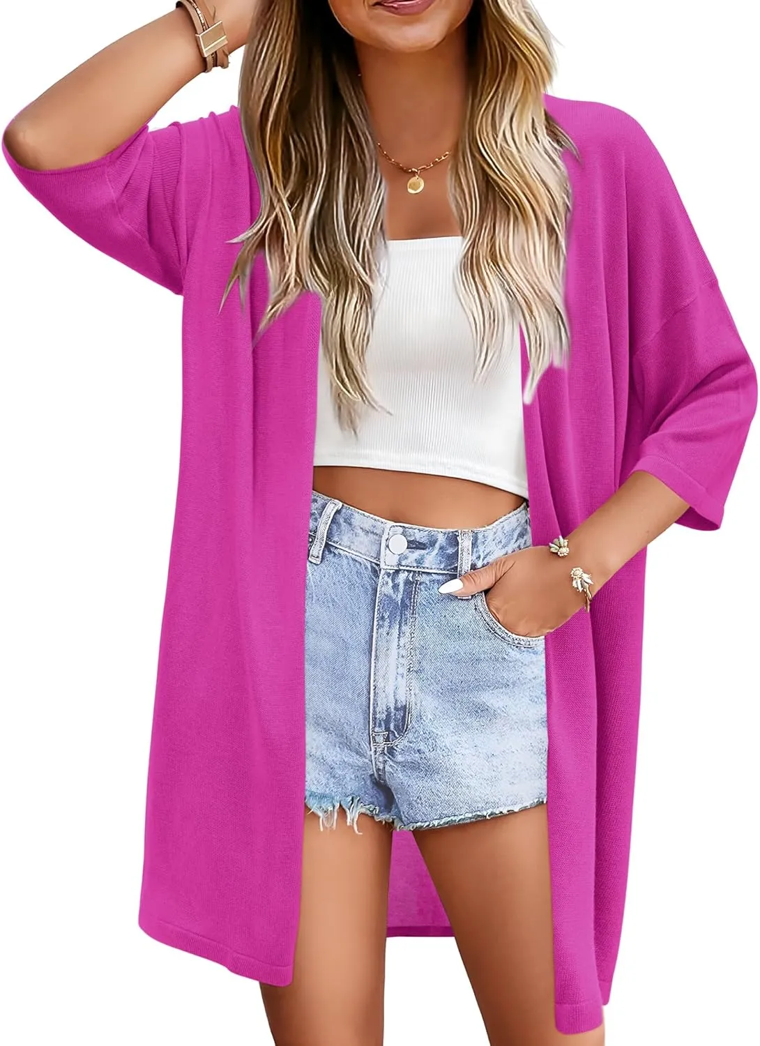 Arach&Cloz Women's 2025 Summer 3/4 Short Sleeve Open Front Lightweight Outfit Cardigan Casual Kimono Beach Sweater
