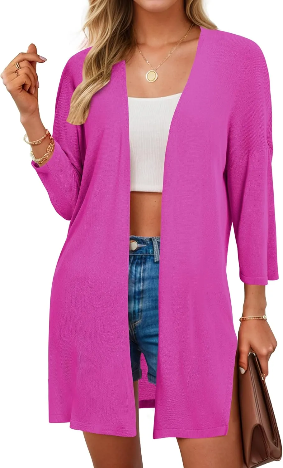 Arach&Cloz Women's 2025 Summer 3/4 Short Sleeve Open Front Lightweight Outfit Cardigan Casual Kimono Beach Sweater