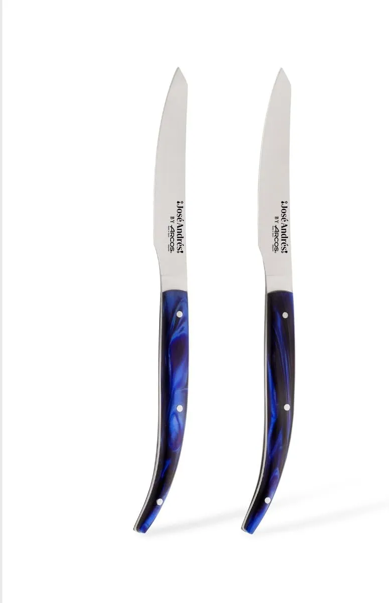 Arcos - Chef Jose Andres Knives | 2-Piece Steak Knife Set. 4 Inch Steak and Meat Knife in Nitrum Stainless Steel. Ergonomic Avant-Garde Blue Marbled Handle