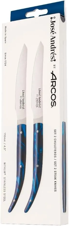 Arcos - Chef Jose Andres Knives | 2-Piece Steak Knife Set. 4 Inch Steak and Meat Knife in Nitrum Stainless Steel. Ergonomic Avant-Garde Blue Marbled Handle