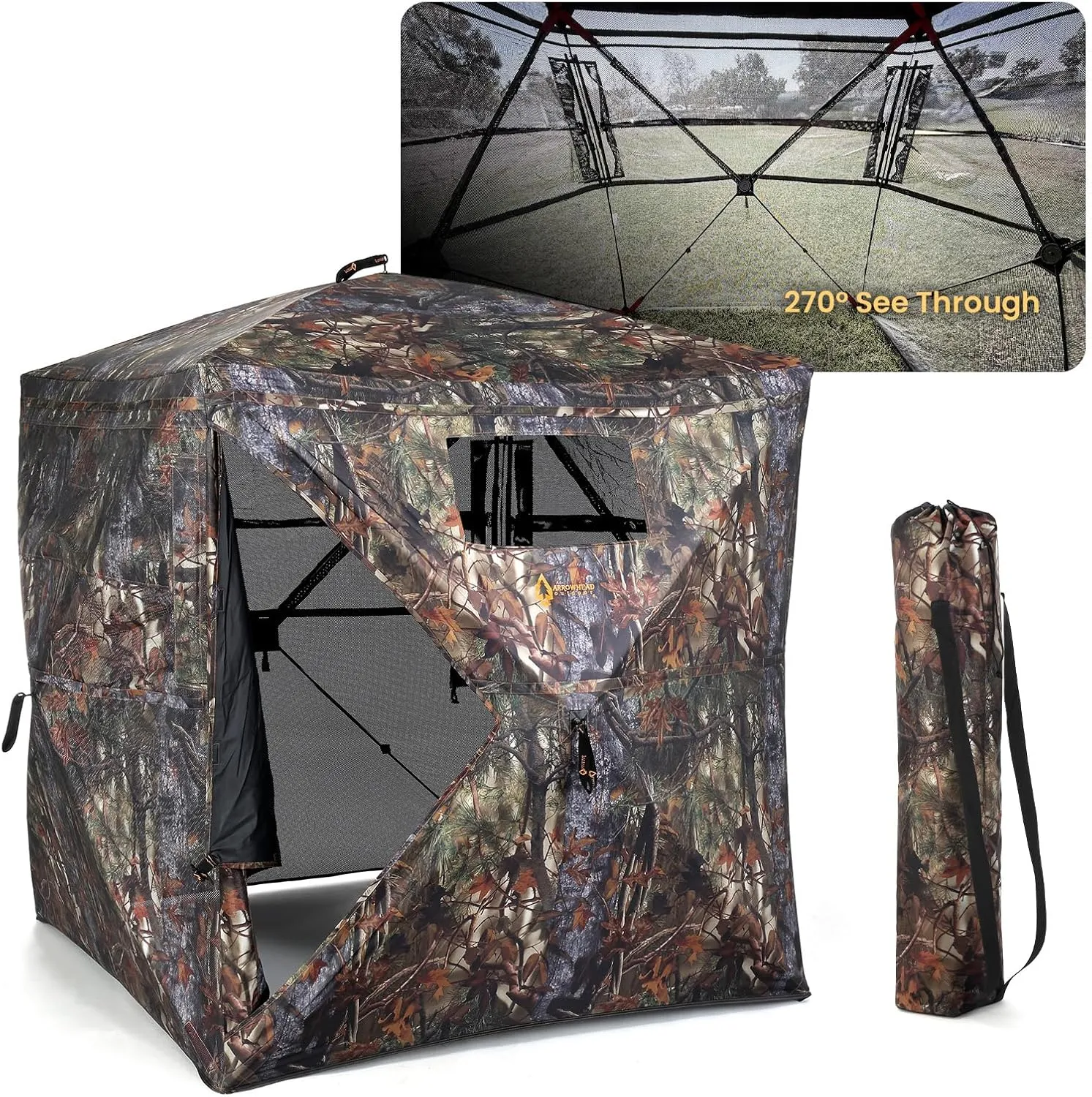ARROWHEAD OUTDOOR 270° Vision 4.8x4.8 Ft Pop-up 2-3 Person See-Through Hunting Stealth Deer Blind Shelter w/Magnetic Door, Sliding Windows and Backpack Carry Bag, Noise-Free Camouflage Design