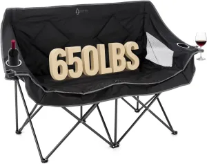 ARROWHEAD OUTDOOR Portable Folding Double Duo Camping Chair Loveseat w/ 2 Cup & Wine Glass Holder, Heavy-Duty Carrying Bag, Padded Seats & Armrests, Supports up to 500lbs, Charcoal Black, USA-Support