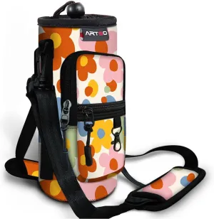 ARTSO Water Bottle Carrier Bag with Phone Pocket, Neoprene Sleeve Water Bottle Holder Sling Bag Pouch with Adjustable Strap 25/32/40/64 oz for Walking Hiking Camping Gym(32oz, Colorful Flowers)