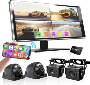 ASLONG 10.36" Wireless CarPlay Screen for Car & 4K 4CH Dash Cam with Android Auto, Portable HD Touchscreen Car Stereo with 1080P Backup Camera, GPS Navigation Mirror Link for Semi Trailer Truck