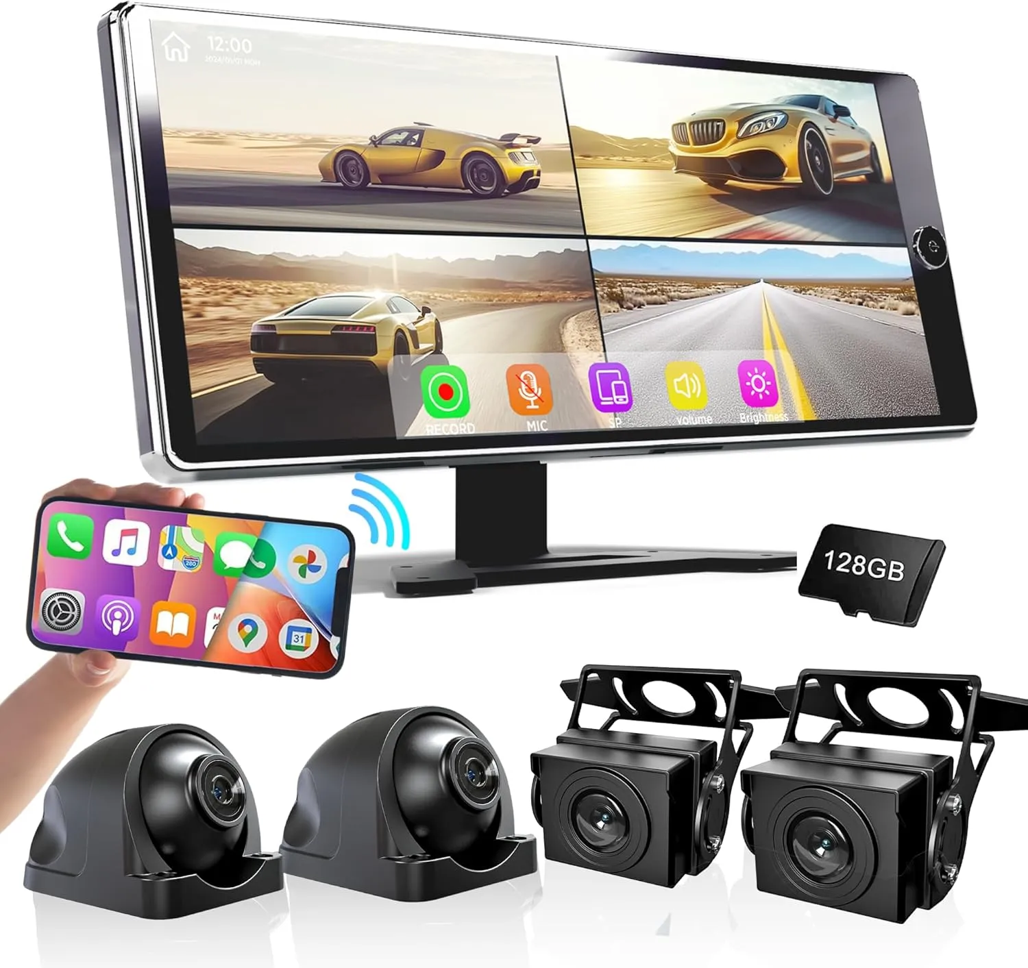 ASLONG 10.36" Wireless CarPlay Screen for Car & 4K 4CH Dash Cam with Android Auto, Portable HD Touchscreen Car Stereo with 1080P Backup Camera, GPS Navigation Mirror Link for Semi Trailer Truck