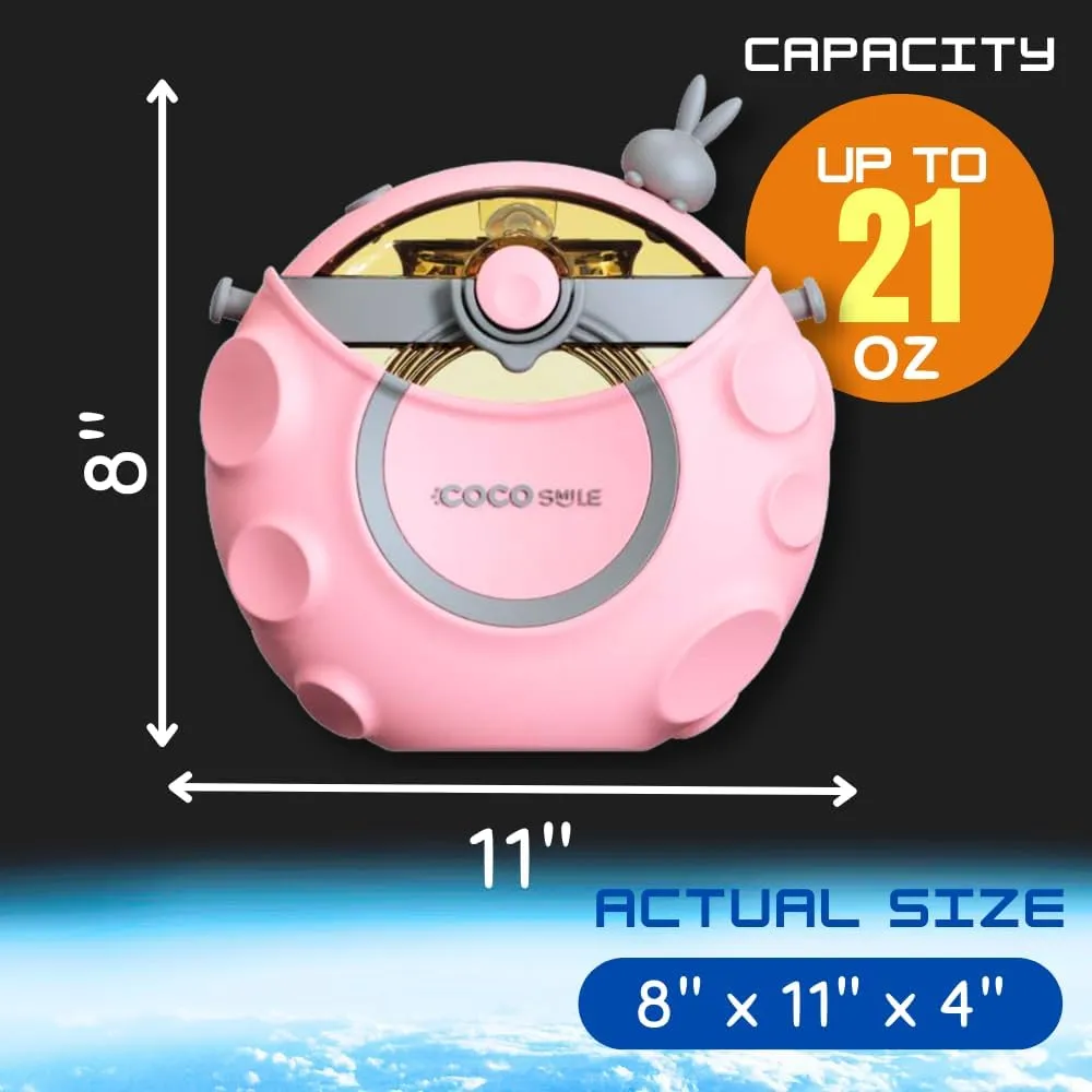 Astronaut Round Kids Water Bottle with Removable Sleeve - Easy Open Button, Carrying Lanyard - Tritan Plastic Water Bottle Ideal for School Boys Girls, BPA Free Kids Cup (With Straw)