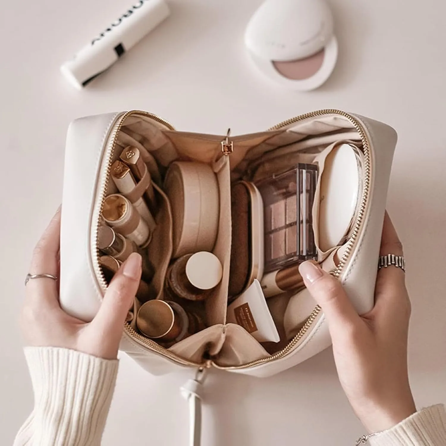 Atlodas Premium Makeup Bag, Portable Puffer Cosmetic Bag for Women with Compartments Large Capacity Travel Makeup Bag for Purse (Brown)