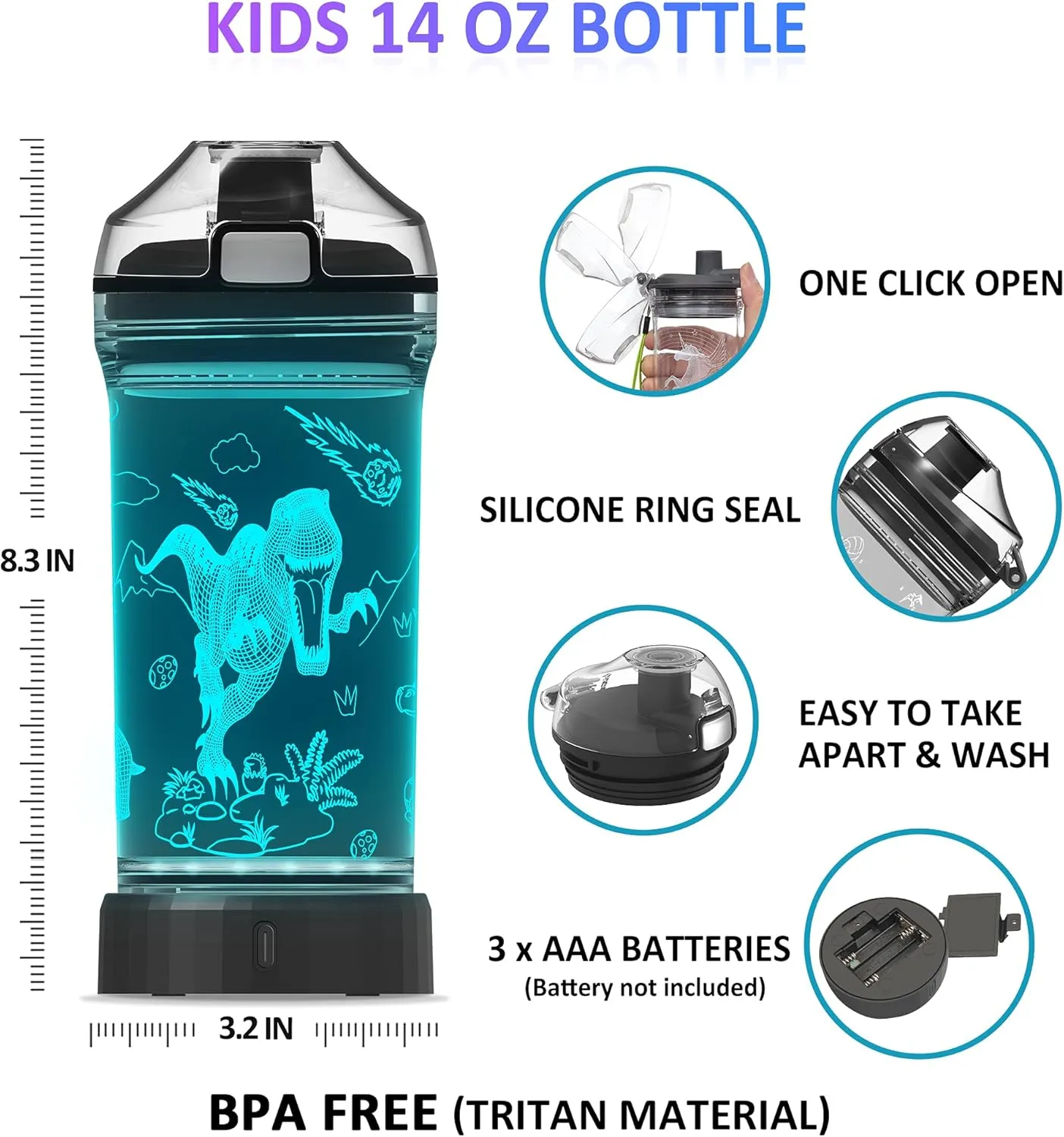 Attivolife Kids Water Bottle Light up Dinosaur, Jurassic Cup 3D Illusion Glowing Lamp-14 OZ Dino BPA Free Eco-Friendly Timer Function, Cool Unique Gifts for Boy Girl Toddler Camping