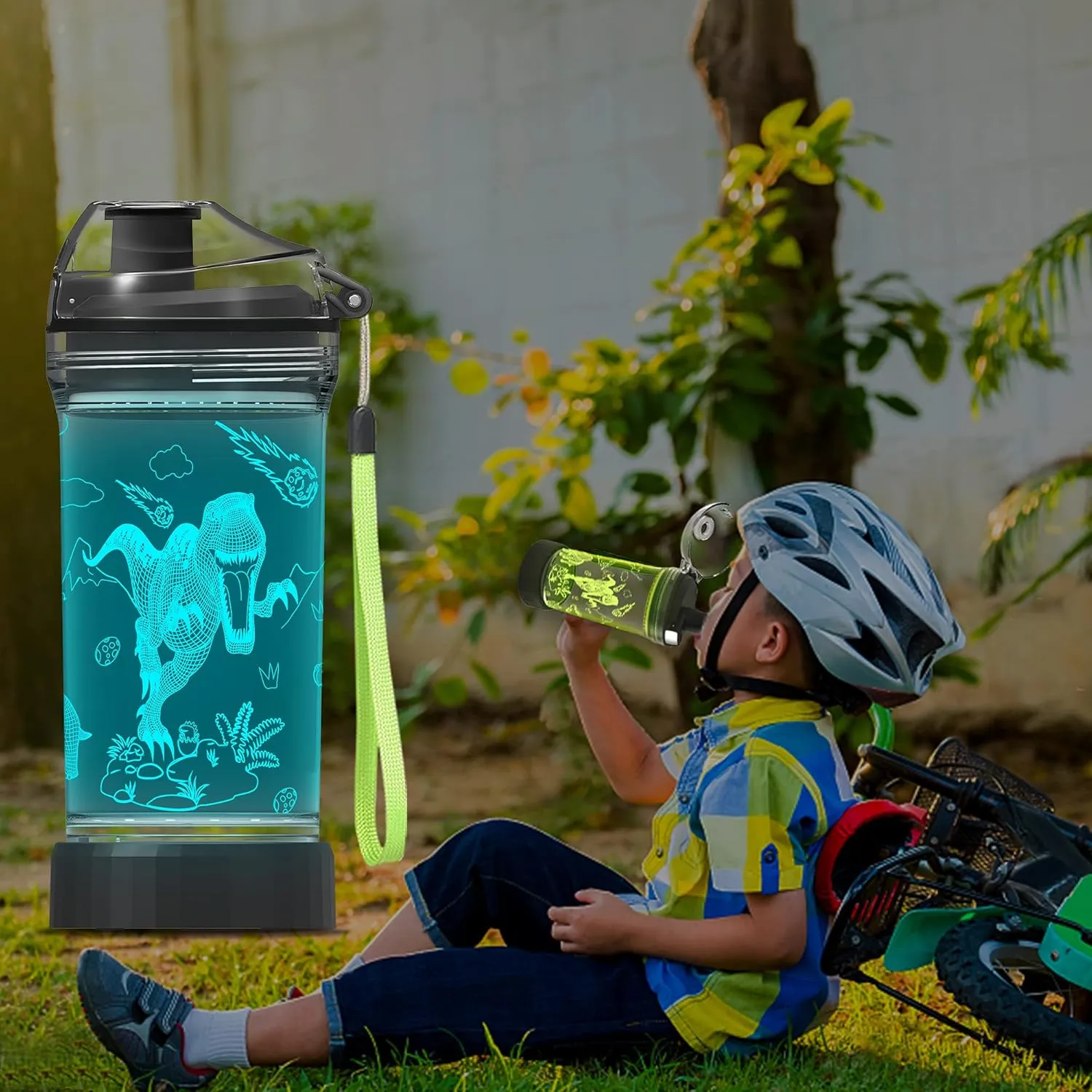 Attivolife Kids Water Bottle Light up Dinosaur, Jurassic Cup 3D Illusion Glowing Lamp-14 OZ Dino BPA Free Eco-Friendly Timer Function, Cool Unique Gifts for Boy Girl Toddler Camping