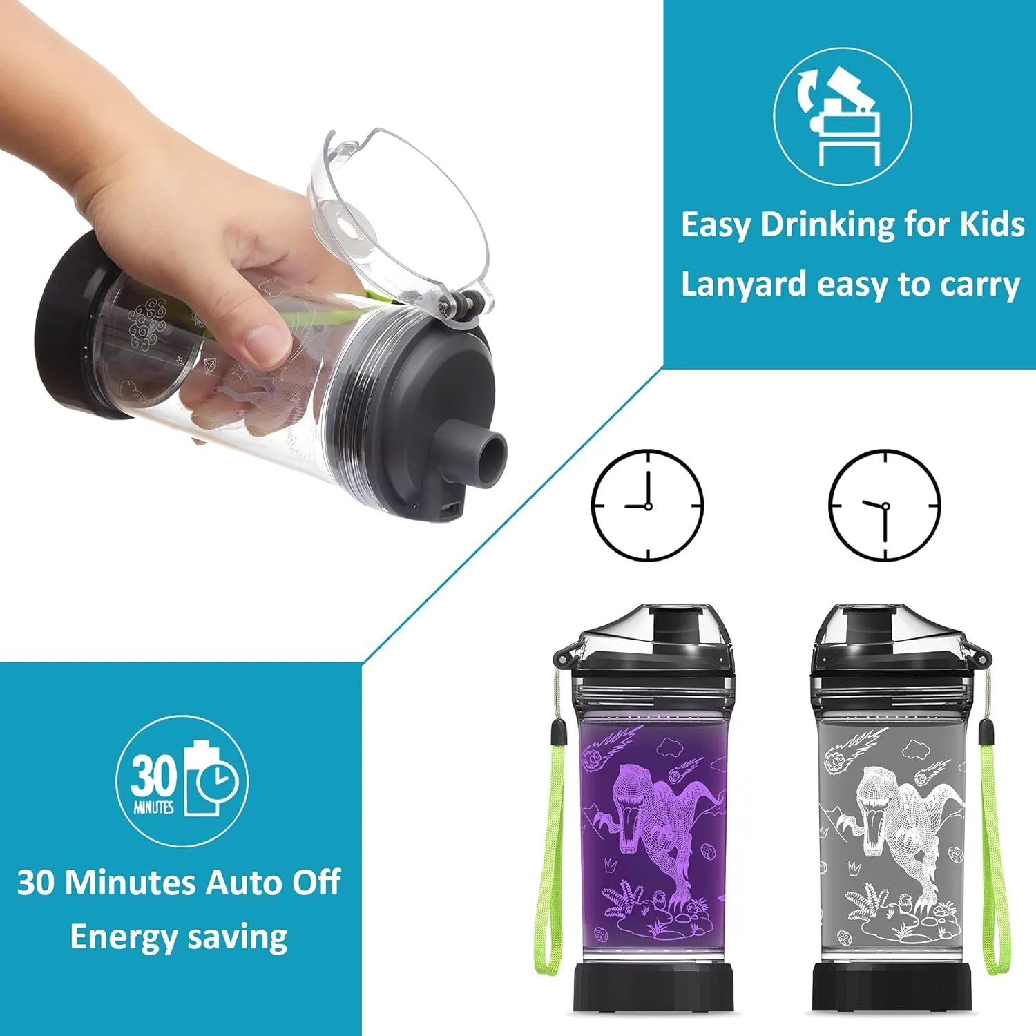 Attivolife Kids Water Bottle Light up Dinosaur, Jurassic Cup 3D Illusion Glowing Lamp-14 OZ Dino BPA Free Eco-Friendly Timer Function, Cool Unique Gifts for Boy Girl Toddler Camping