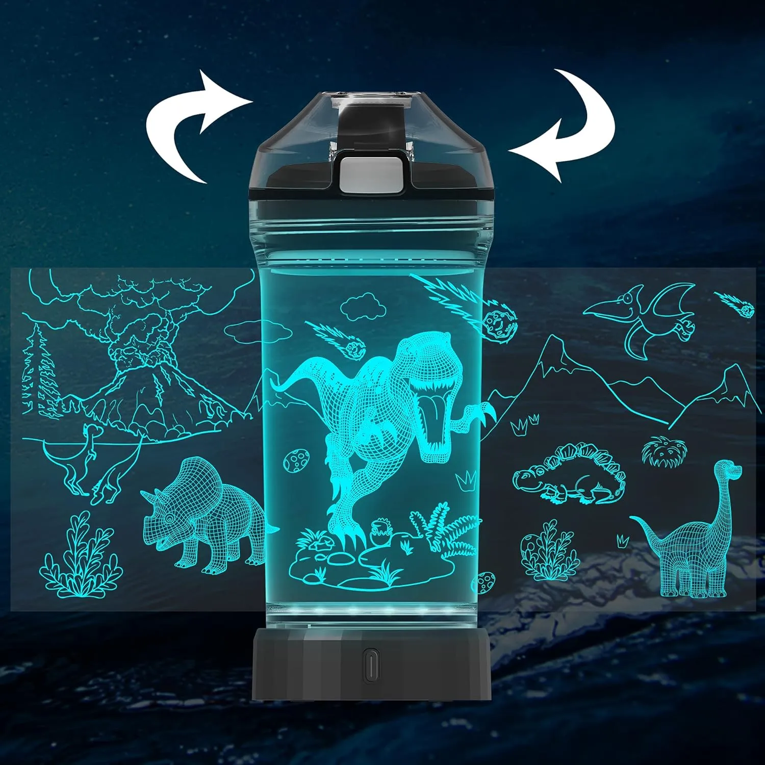 Attivolife Kids Water Bottle Light up Dinosaur, Jurassic Cup 3D Illusion Glowing Lamp-14 OZ Dino BPA Free Eco-Friendly Timer Function, Cool Unique Gifts for Boy Girl Toddler Camping