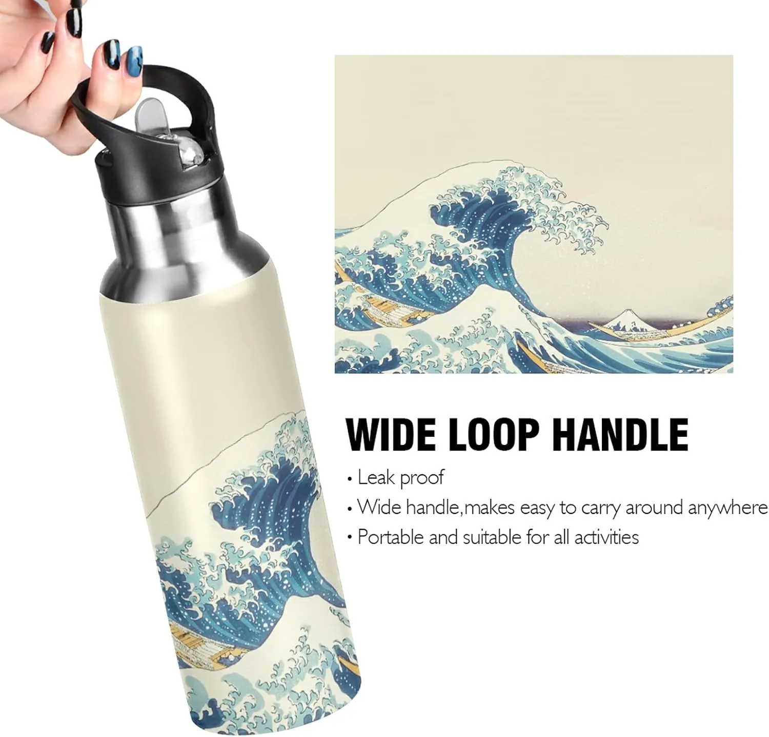 ATTX Wave Art Hokusai Water Bottle with Straw, 22OZ Sports Water Bottle BPA Free Stainless Steel Water Jugs for Gym,Working, Outdoor